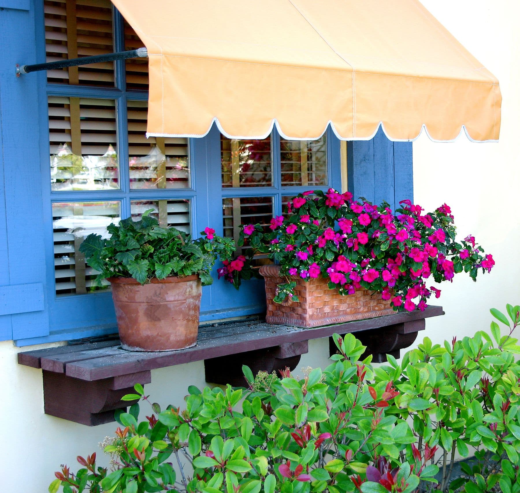 Sunny window with a yellow awning, blue shutters, and two pots of vibrant pink flowers on a wooden ledge, surrounded by green foliage below.
