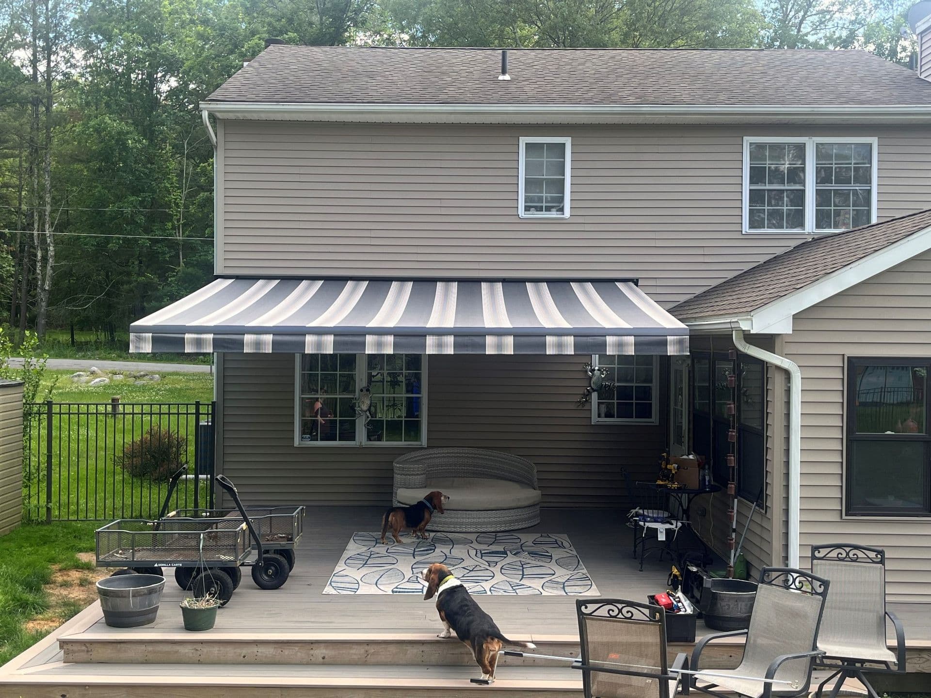 A cozy backyard patio with a striped awning over a seating area. Two dogs explore near planters and a cart. The tone is relaxed and inviting.
