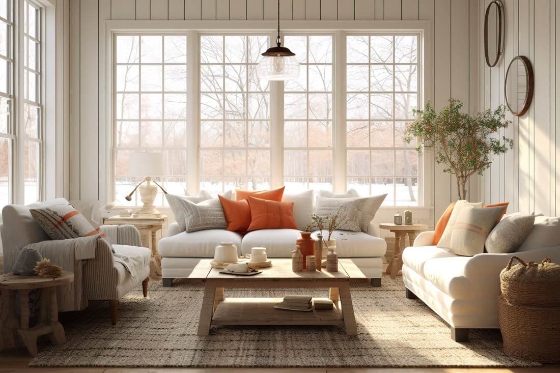 Cozy living room with white sofas, orange pillows, a wooden coffee table, and a large window. Warm, inviting ambiance with natural light.