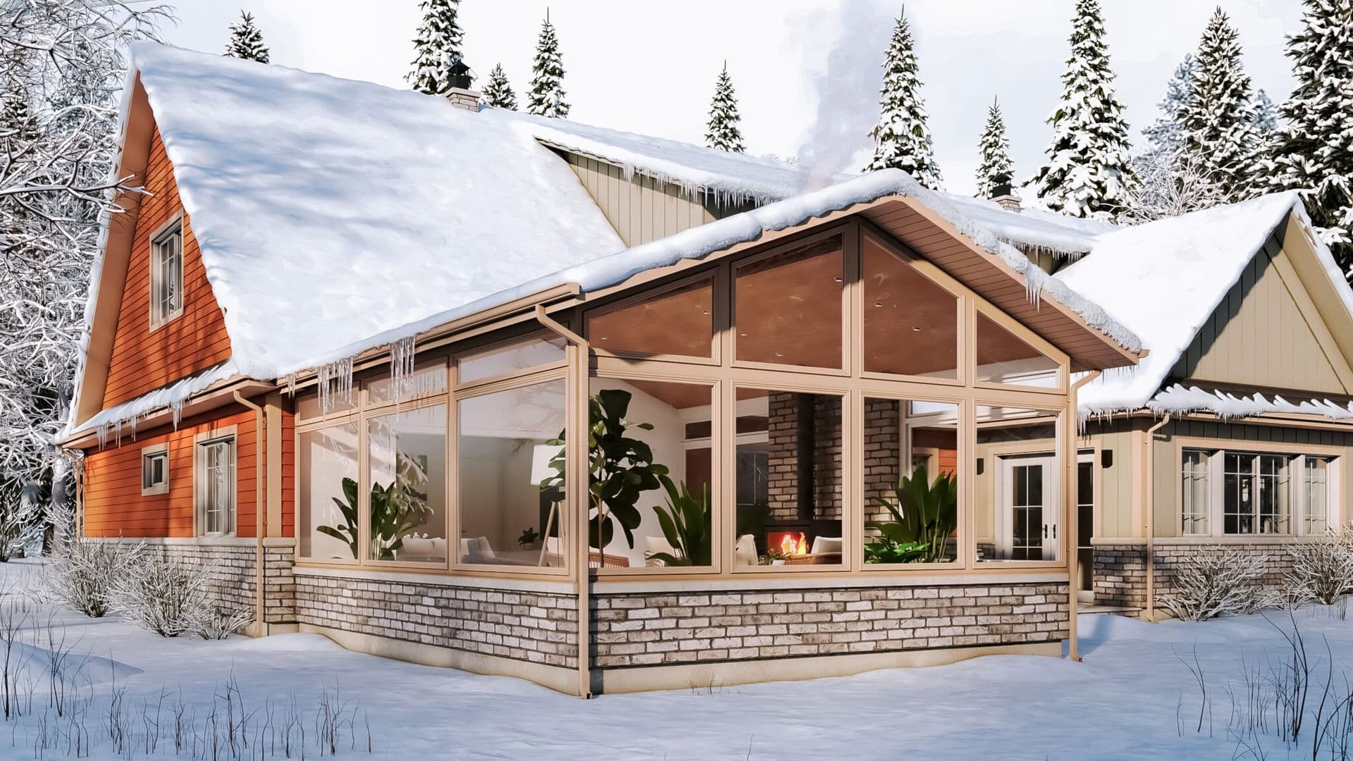 A cozy house with a snow-covered roof and a glass sunroom. Surrounded by snow and pine trees, it conveys a serene, wintery atmosphere.
