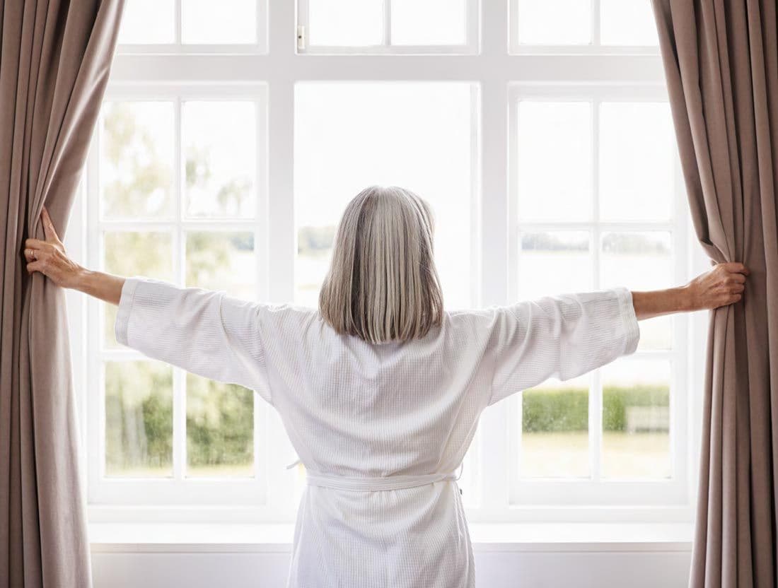 A person with gray hair, in a white robe, stands by a window, gently opening beige curtains. Sunlight streams in, evoking a sense of calm and renewal.